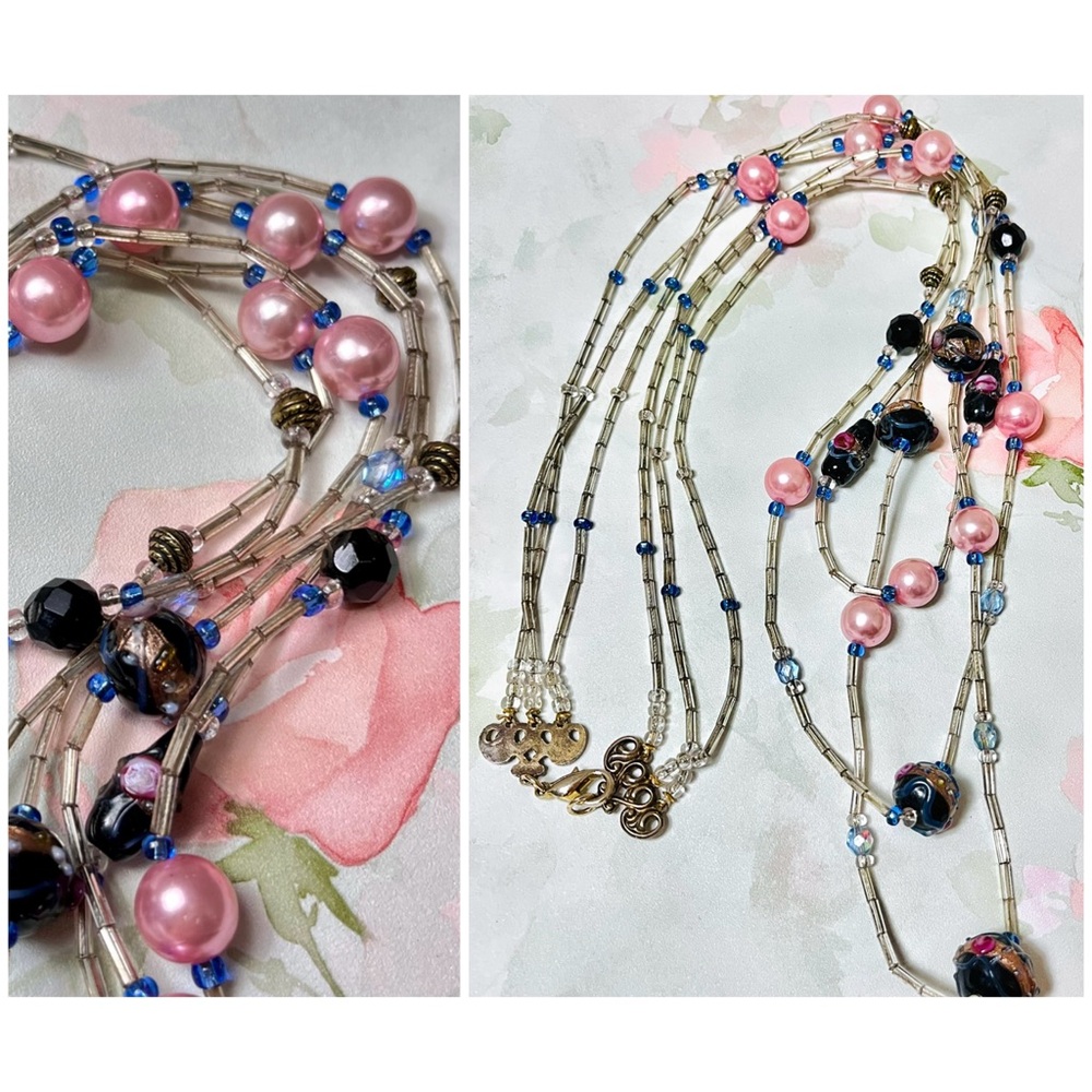 Vintage 3-strand Wedding Cake Beaded Necklace with Bugle Beads & Pink Pearls - Picture 15 of 15